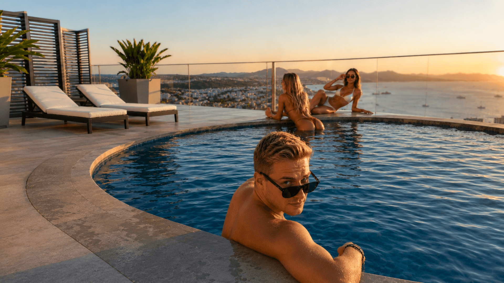 Three friends relaxing by a pool at sunset